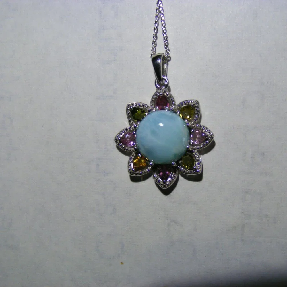 Larimar & Multi-Tourmaline Floral Pendant Necklace 20" Chain Flower - Picture 6 of 6